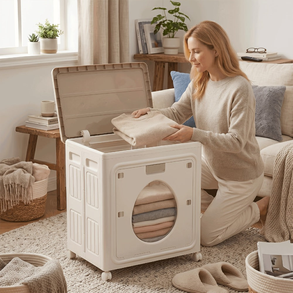 Foldable Storage Box 37 Gallon Flip Top with Visible Window ¨C Large Sturdy Plastic Organizer for Clothes, Bedding & Seasonal Items, Front-Opening Space-Saving Design for Bedroom, Dorm & Under-Bed