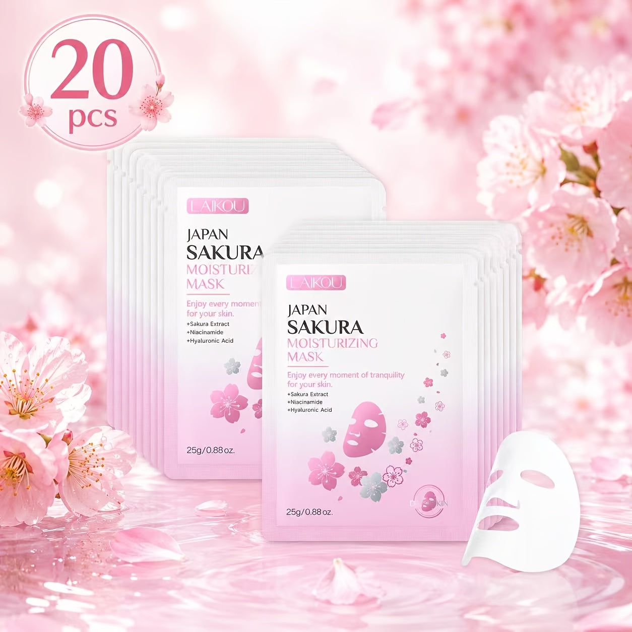 LAIKOU Japan Sakura Hydrating Sheet Mask 20pcs ¨C Deep Moisturizing Face Mask for Dry, Normal & Combination Skin, Travel Skincare Set, Gift for Women