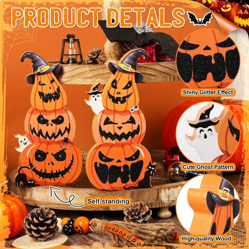 Halloween Tiered Tray Decor Set of 2 ¨C Glittery Wooden Pumpkin Stack with Witch Hat, Spooky Centerpiece for Autumn & Fall Home Decoration, Halloween Tabletop Ornament & Seasonal Tiered Tray Accessory