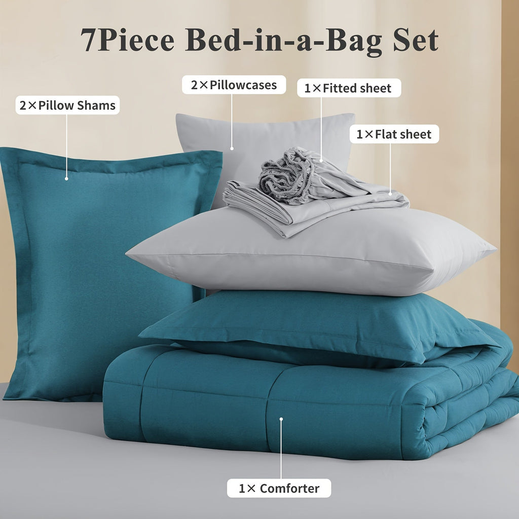 7 Piece Comforter Set Luxury Soft Fluffy Bedding All Season Bed in a Bag with Comforter Fitted Sheet Flat Sheet Pillowcases Hypoallergenic Breathable Easy Care Queen King Twin XL Full