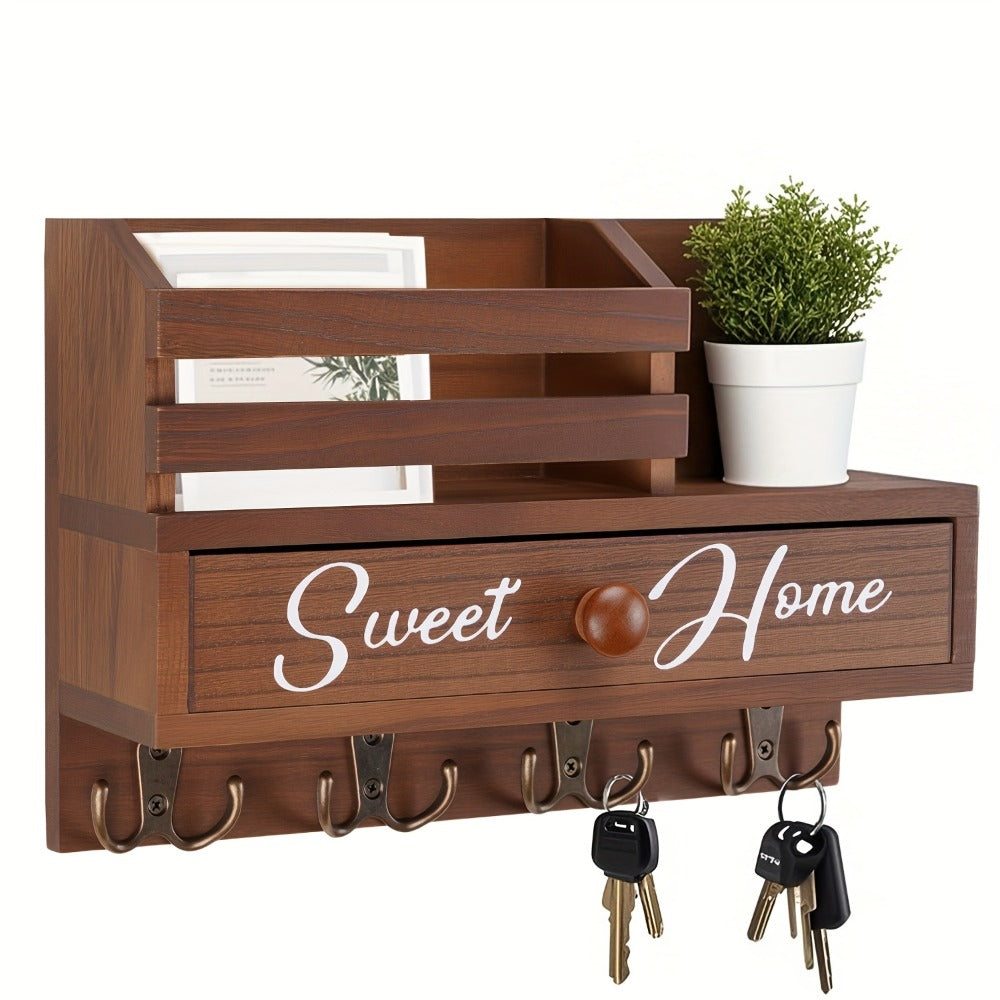 Key Holder for Wall with Drawer 8 Hooks ¨C Rustic Wood Wall Mounted Key & Mail Organizer for Entryway, Kitchen, Mudroom, Office, Adhesive & Paintable Hooks, Space Saving Entryway Decor Storage