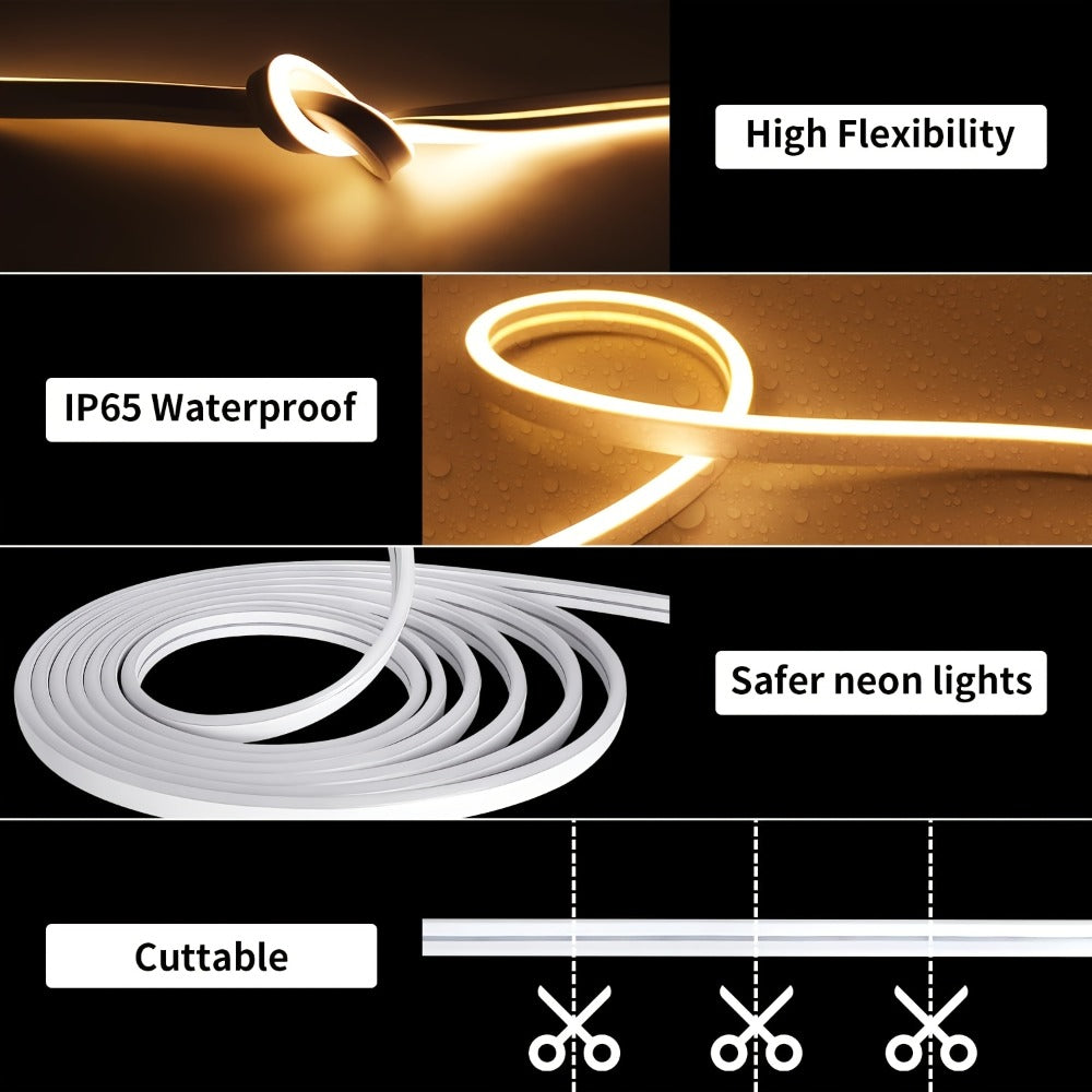 LED Neon Light Strip 32.8ft 10m 1200 LEDs Super Bright, IP65 Waterproof 24V Flexible Neon Strip with Power Adapter & Mounting Clips, White Pink Warm White Ice Blue, Bedroom Kitchen Outdoor Christmas Halloween Decor
