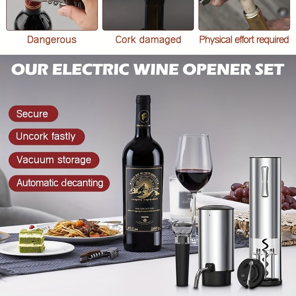 Electric Wine Opener Gift Set 7-in-1 Rechargeable Automatic Corkscrew Stainless Steel with Aerator Pourer Vacuum Stoppers Foil Cutter Storage Base
