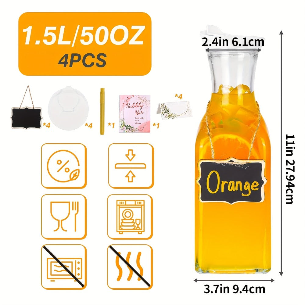 Glass Carafes with Lids Set of 4 - 1.5L Beverage Pitcher for Iced Tea, Cold Brew Coffee, Milk & Cold Drinks