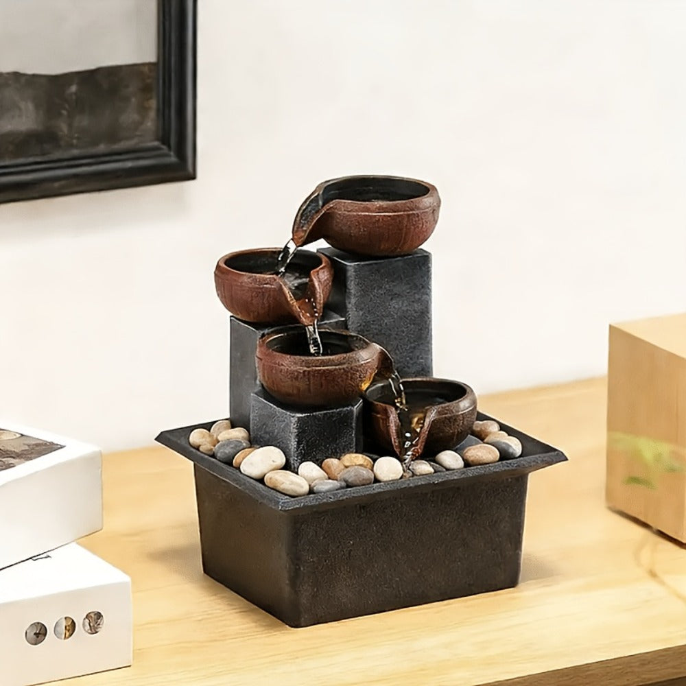 Tabletop Water Fountain Indoor ¨C 4-Level Desktop Waterfall with LED Lights & Natural River Stones, USB Powered Meditation Fountain for Home Office Relaxation, Zen Desk Decor with Bubble Balls