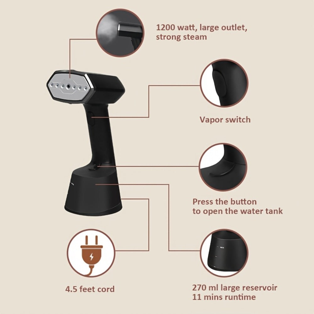 Handheld Garment Steamer for Clothes 30-Second Heat-Up 9.13oz Large Water Tank Ergonomic Grip Removable Base Compact Wrinkle Remover for Shirts Blouses Dresses Home Travel Black
