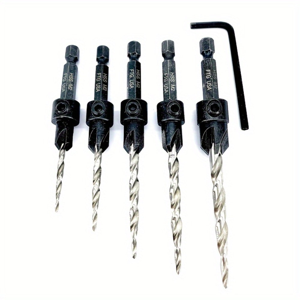 5pcs Countersink Drill Bit Set #4 #6 #8 #10 #12 Tapered with 1/4¡± Hex Shank Quick-Change ¨C Adjustable Wood Counter Sinker Bits with Allen Wrench for Woodworking