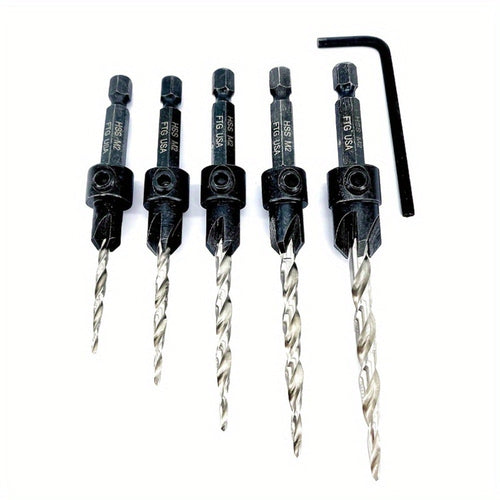 5pcs Countersink Drill Bit Set #4 #6 #8 #10 #12 Tapered with 1/4¡± Hex Shank Quick-Change ¨C Adjustable Wood Counter Sinker Bits with Allen Wrench for Woodworking