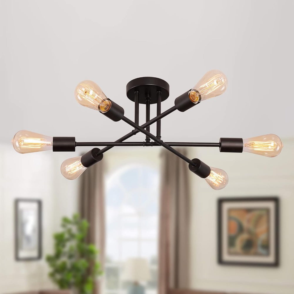 Sputnik Chandelier 6-Light Black Industrial Ceiling Light Fixture Semi Flush Mount for Bedroom Dining Room Living Room Kitchen