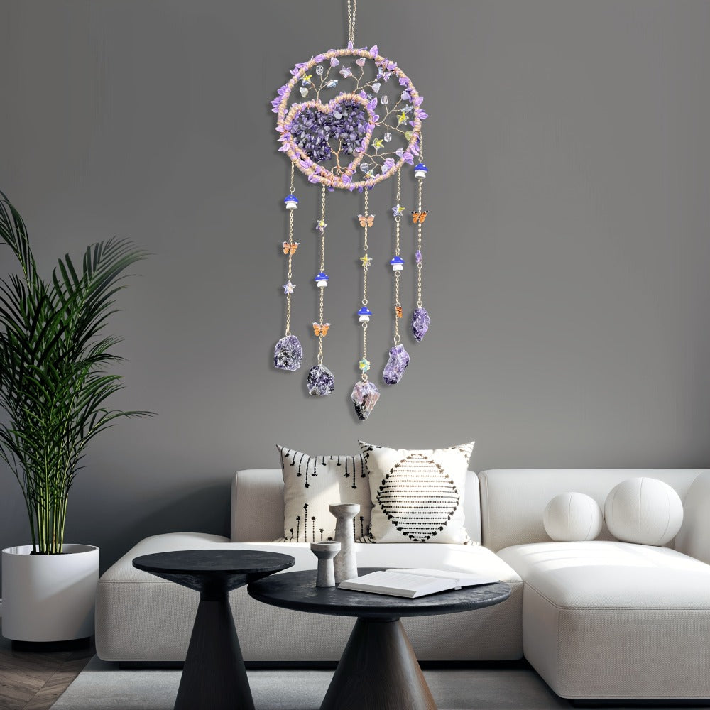 Boho Crystal Wall Hanging Decor ¨C Handmade Stone Bead Wind Chime with Colorful Gemstone Heart & Circular Crystal Pendant for Bedroom Living Room Christmas Mother's Day Thanksgiving Gift (Purple/Pink/Green)