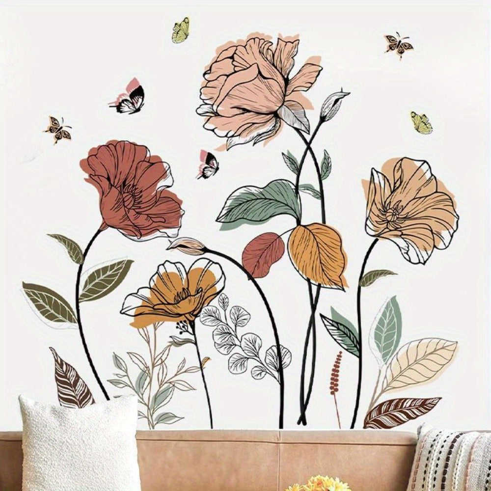 Bohemian Flower Wall Stickers Self-Adhesive Peel and Stick - Wildflowers & Fruits Wall Art Decals for Living Room Bedroom TV Background - Removable Matte Boho Floral Wall Decoration Sticker