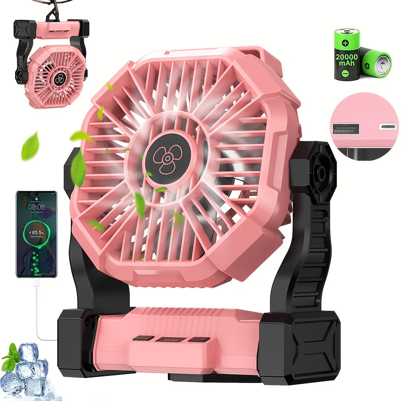 Portable Outdoor Fan 20000mAh, 3-in-1 Rechargeable Camping Fan with LED Lantern & Power Bank, Timer Rotation Hook for Tent Golf BBQ Travel Party Power Outage, Pink Green Black Orange Purple Blue