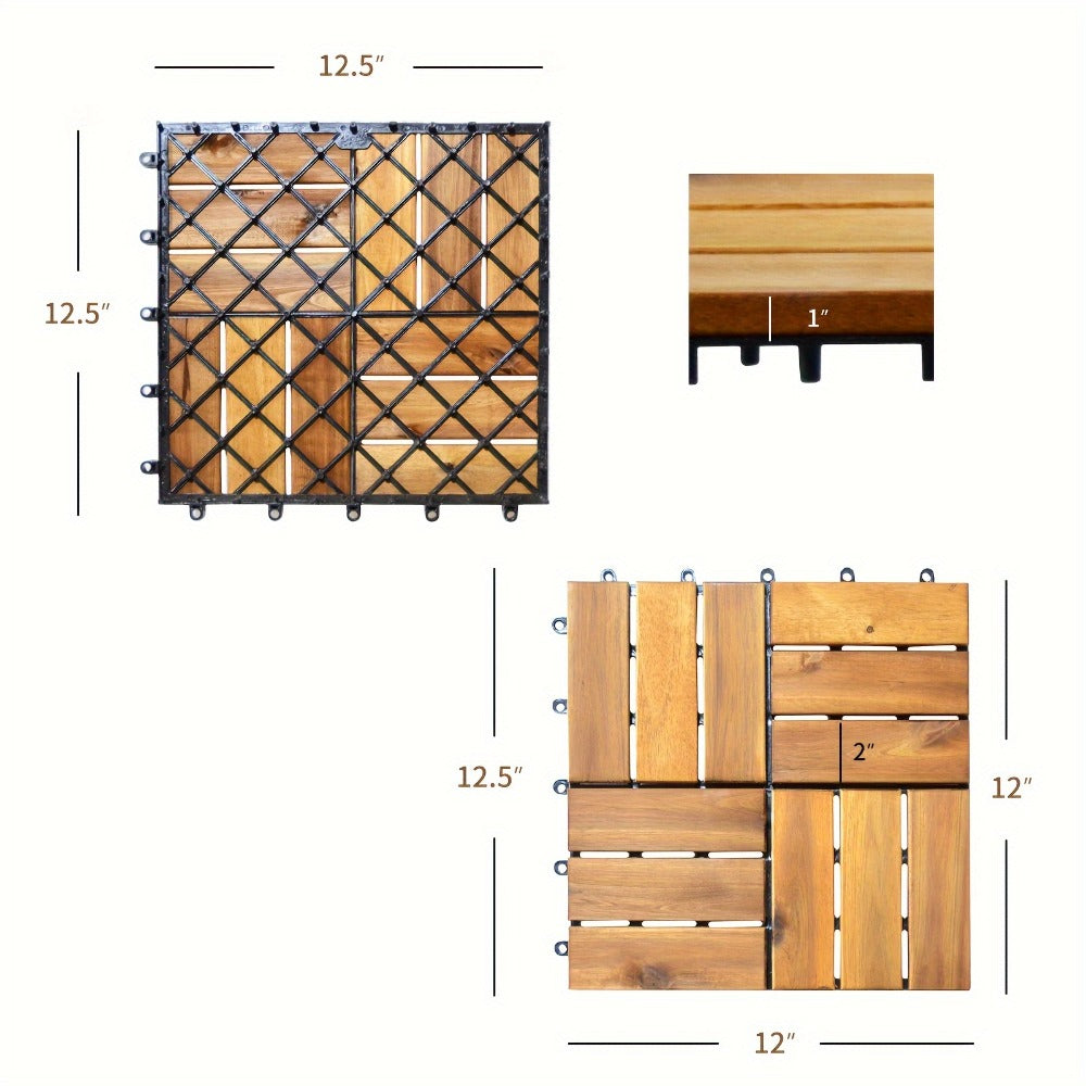 Interlocking Acacia Wood Deck Tiles 27-Pack ¨C 12x12 Inch Oil-Finished Slat Tiles, Covers 27 Sq Ft, Tool-Free Install, for Patio, Balcony, Garden, Deck & Indoor Flooring