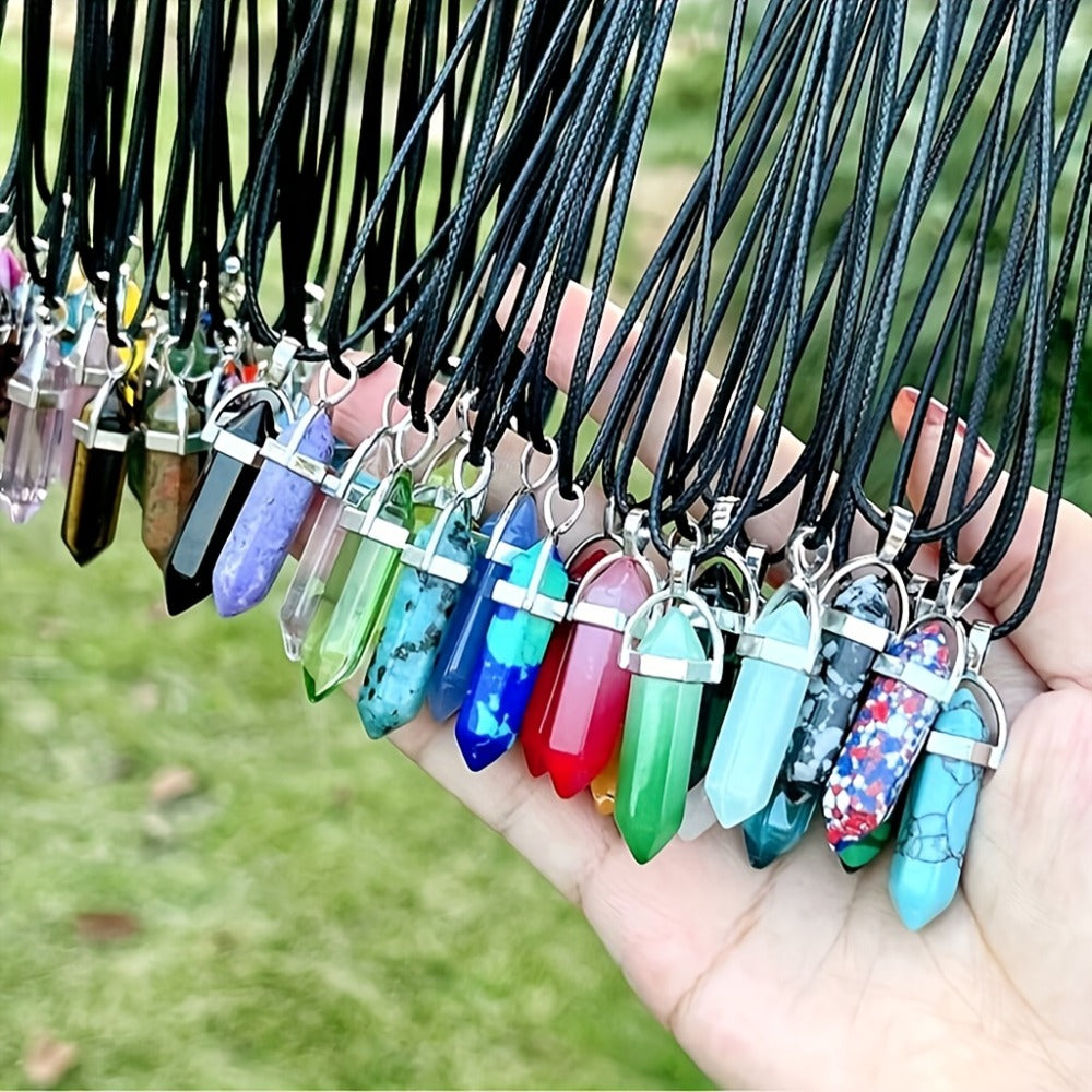 Crystal Natural Stone Pendant Necklace Set Bulk 60Pcs 30Sets Hexagonal Shaped Assorted Color for Jewelry Making Craft DIY Daily Wear Gift