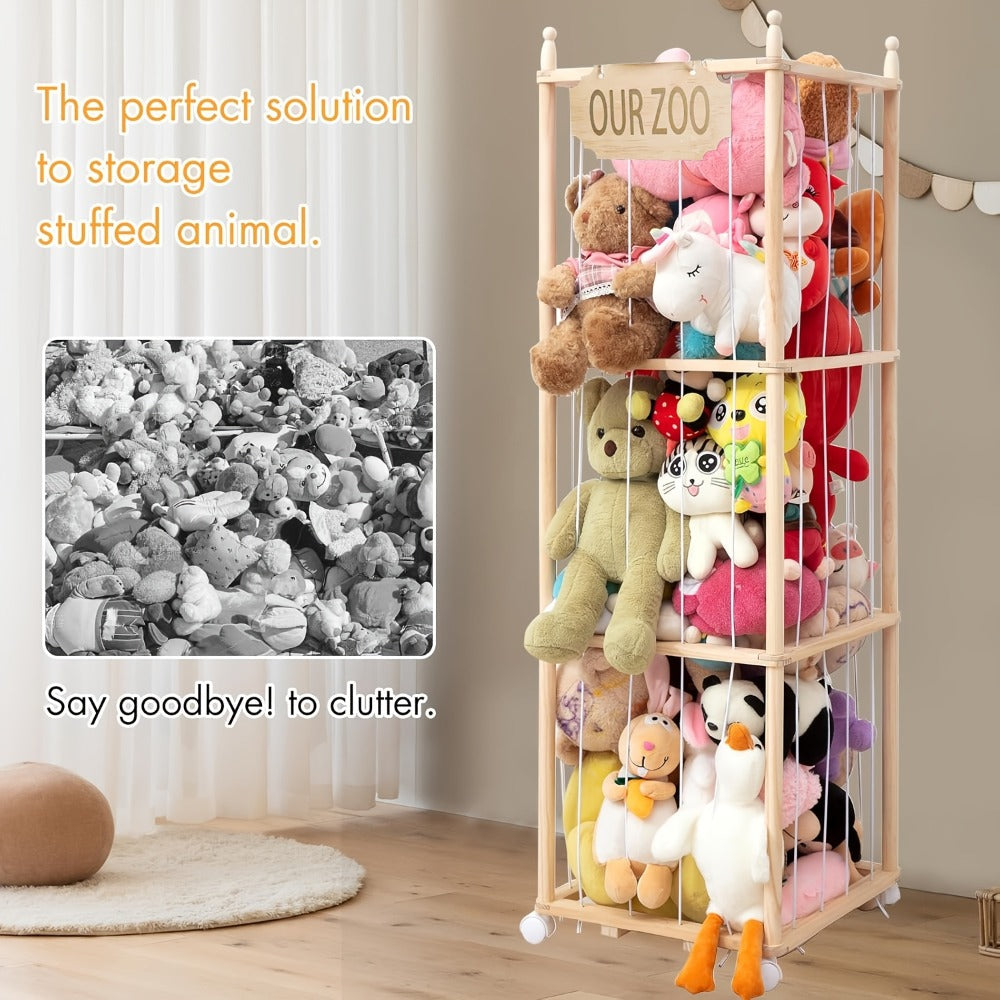 Stuffed Animal Storage Tower Wooden Zoo Cage Design Large Plush Toy Organizer Holder for Kids Playroom Bedroom No-Tool Assembly Boys Girls Gift