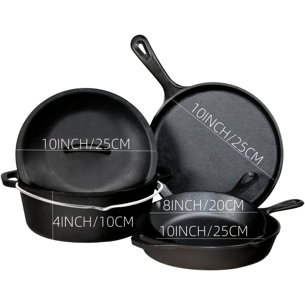 Cast Iron Cookware Set for Kitchen Camping BBQ - Non-Stick Skillet Dutch Pot Frying Pan Baking Tray Griddle Options, Oven Safe Stovetop Campfire Cookware for Home RV Holiday Cooking Multiple Set Choices