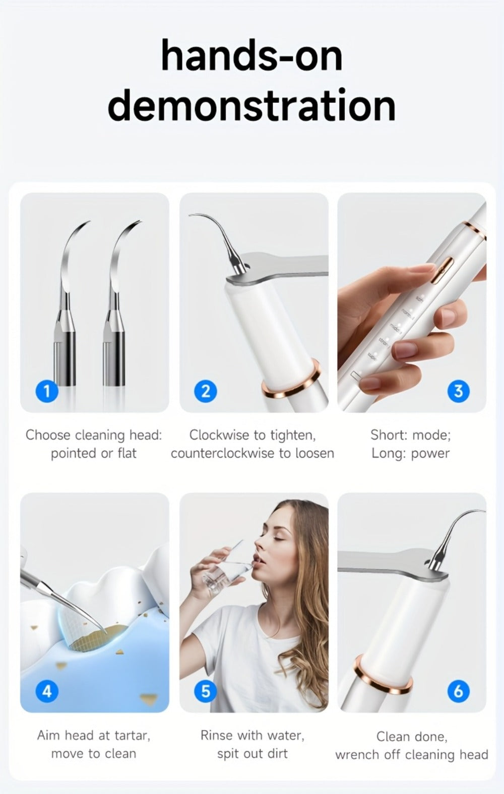 Interdental Plaque Remover with LED Light ¨C Electric Teeth Cleaner, 5 Cleaning Modes, 2 Replacement Heads, Oral Irrigator-Like Function, No Water Required, Dental Care for Travel & Home Use