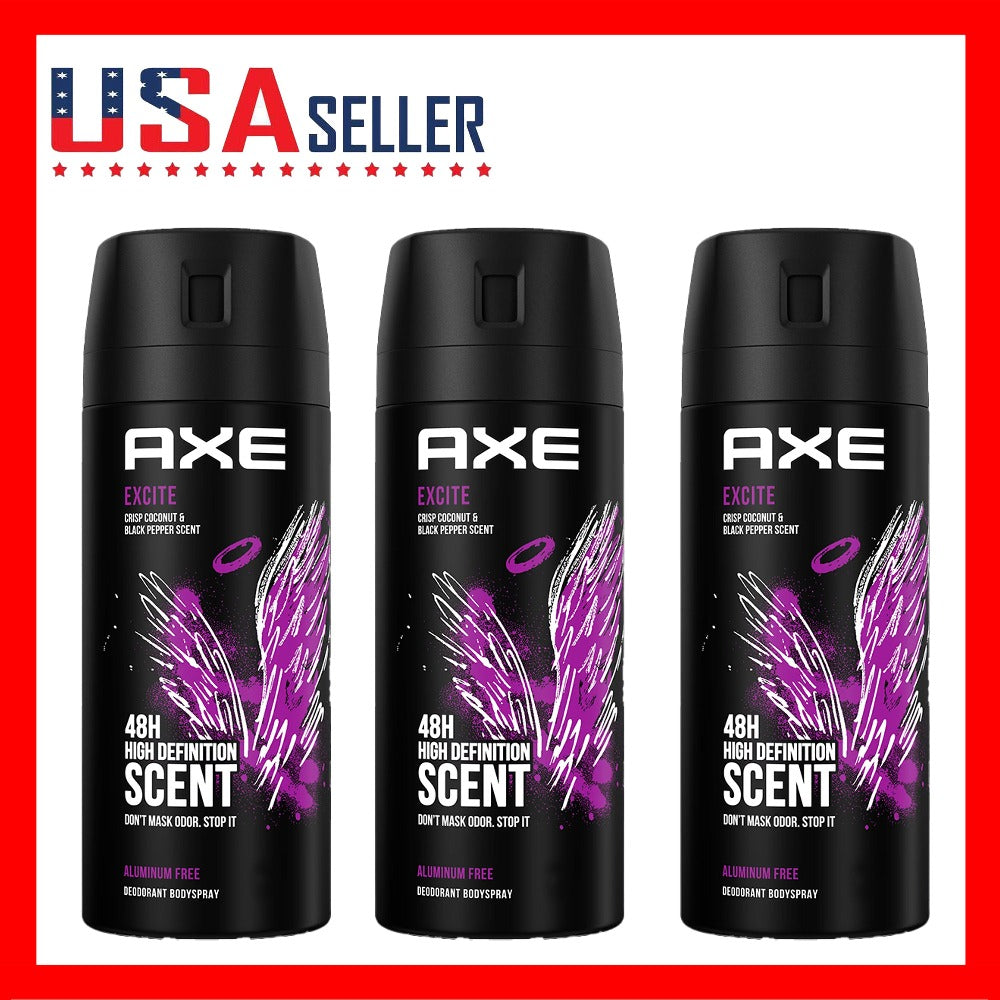 AXE Excite Body Spray for Men 3 Pack 150ml Each - Warm Sweet Spicy Long-Lasting Fragrance Mist for Daily Confidence - Easy Spray Can Deodorant Body Spray for Work Travel Gym Everyday Use