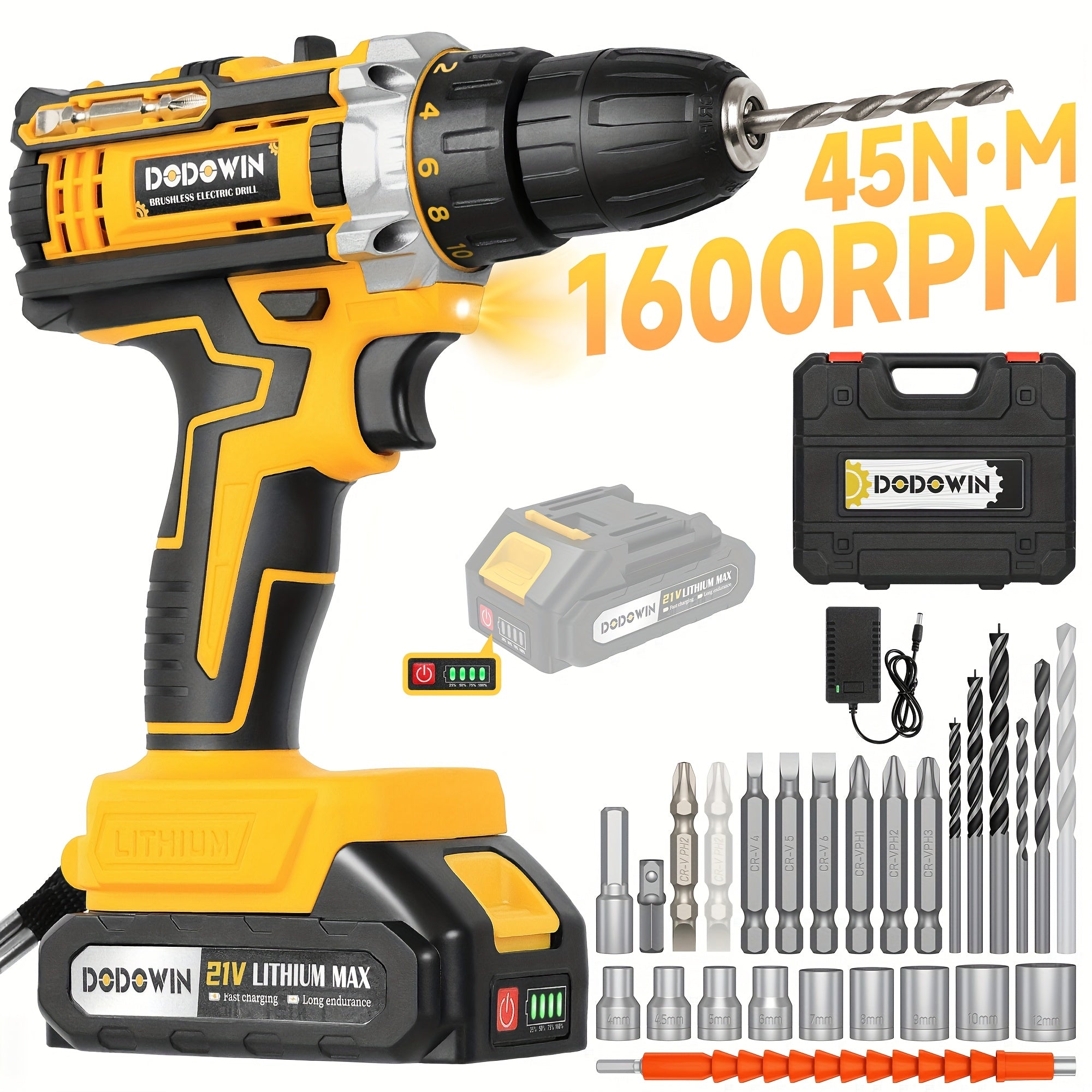 Cordless Impact Drill Set 12V / 21V Electric Drill Kit ¨C 45Nm Torque, 2-Speed, Keyless Chuck, LED Light, Battery & Charger Included, Up to 115pcs Accessories for Home Repair, DIY & Construction