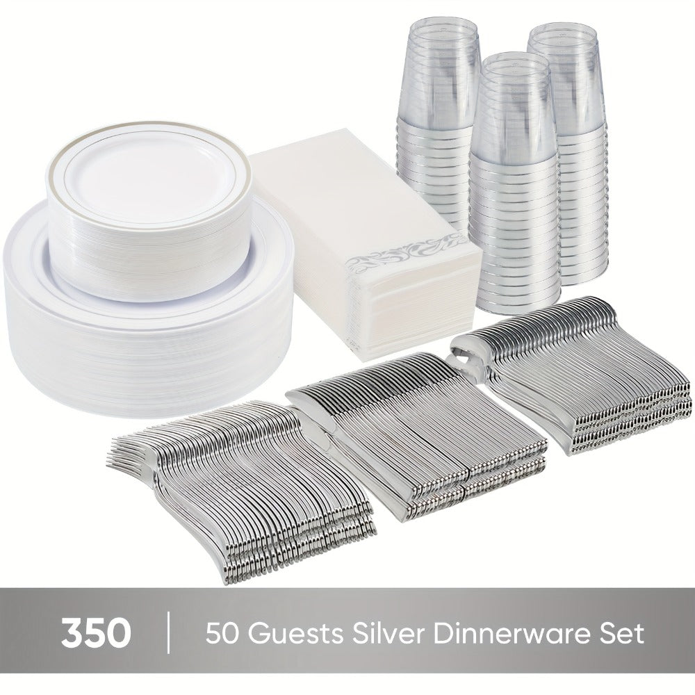 Disposable Party Dinnerware Set 350 700 Pieces Gold Silver Plastic Plates Salad Plates Cutlery Cups Napkins for 50 100 Guests Wedding Birthday Graduation Party