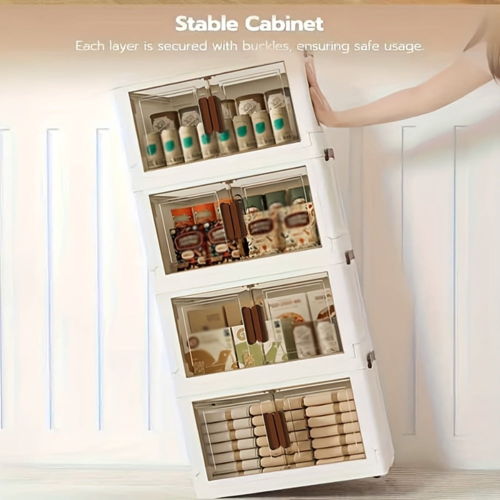 Stackable Storage Cabinet with Doors and Wheels | Collapsible Plastic Locker 1-5 Layers Large Capacity Home Organization for Bedroom Living Room Kitchen Easy Assembly Space Saving
