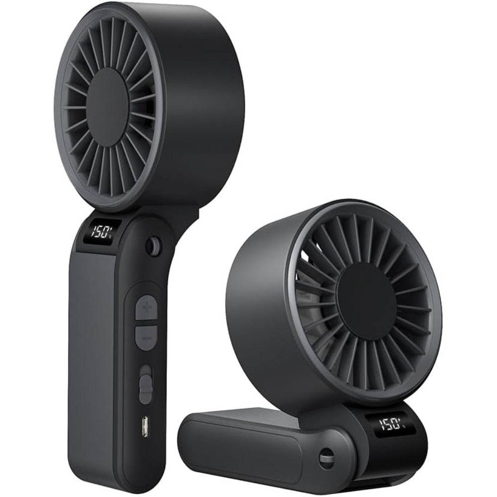Handheld Fan USB-C Rechargeable 150-Speed Stepless Adjustable Turbo Fan LED Display Foldable Wearable Neck Desk Fan for Outdoor Travel Office Camping Black White Yellow