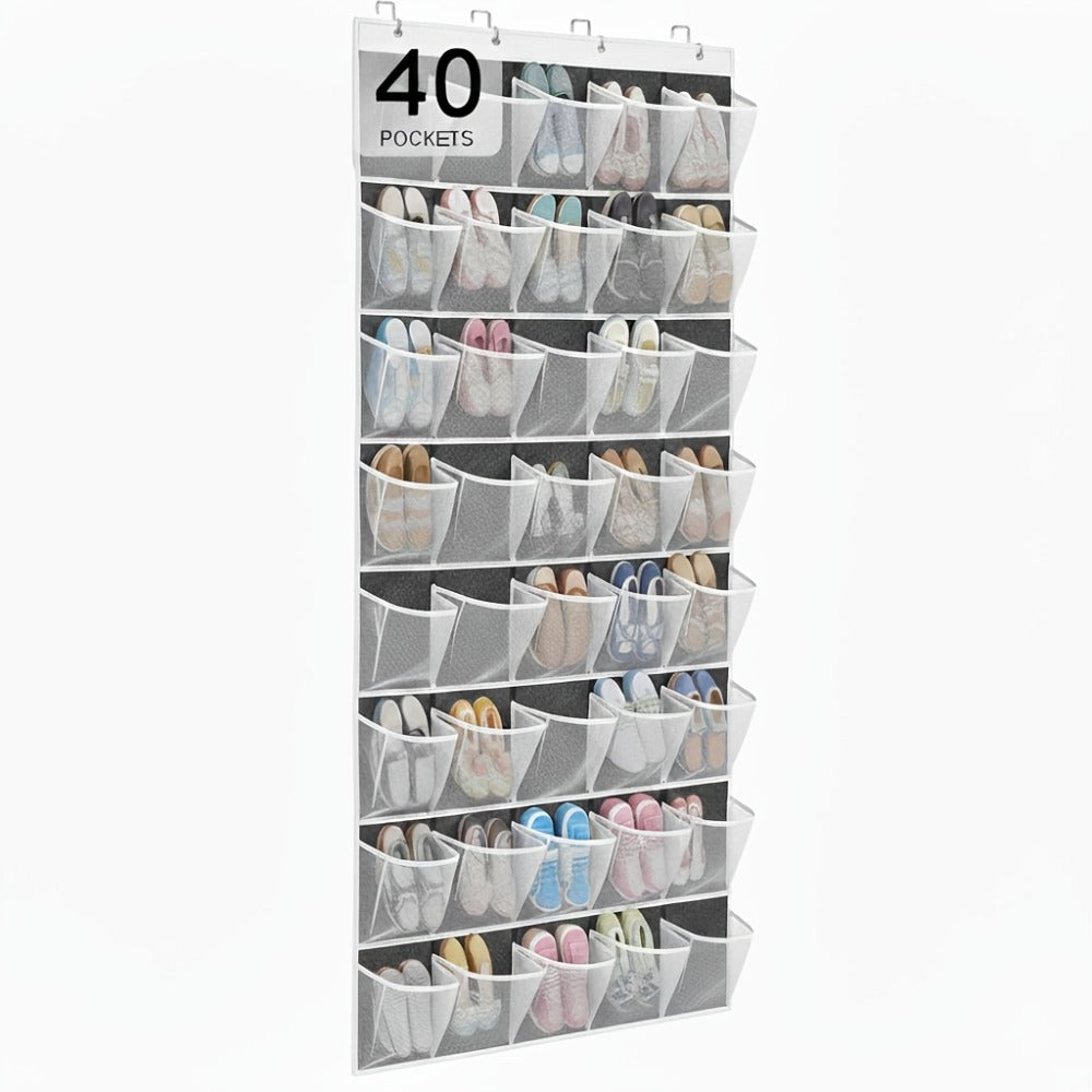 Over the Door Shoe Organizer 40 Pockets with 4 Hooks ¨C Durable Fabric Hanging Shoe Storage for Closet, Entryway & Bedroom ¨C Space-Saving Door Shoe Rack in Gray, White & Black