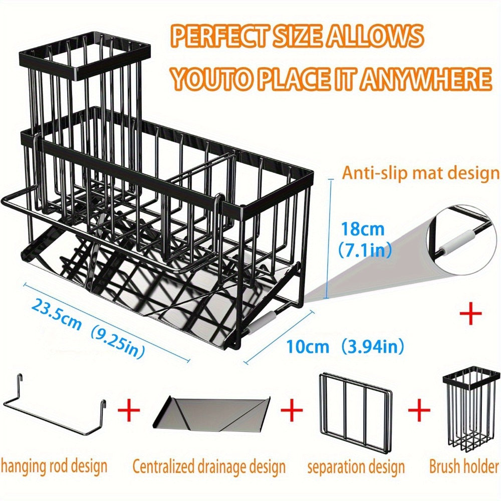Kitchen Sink Sponge Holder 304 Stainless Steel Drain Design Dishcloth Rack Tall Brush Holder Countertop Soap Dispenser Organizer Storage Accessories Black
