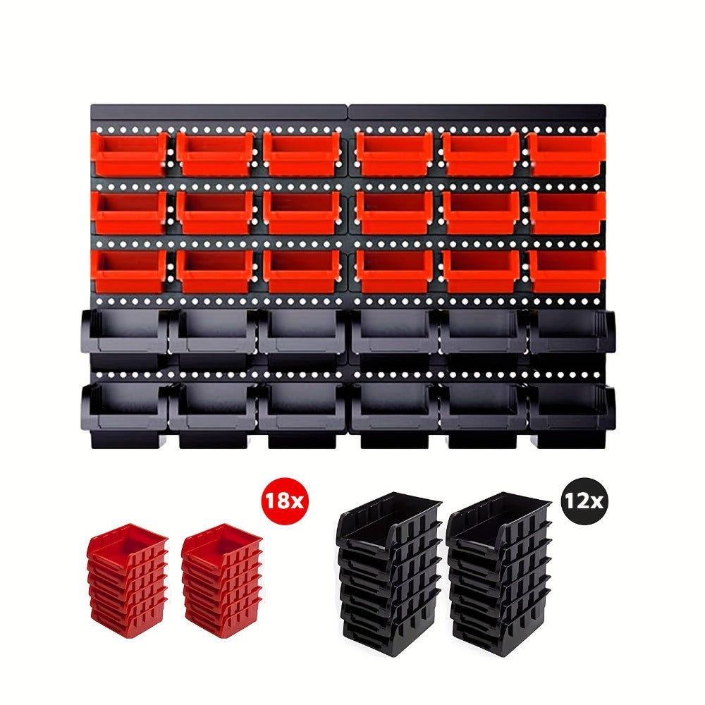 Plastic Parts Storage Bins Wall Mount 30pcs ¨C Heavy Duty Small Hardware Organizer for Screws, Nuts, Bolts & Nails | Multi-Tier Wall Shelf System for Garage, Workshop & Craft Room | Space-Saving Bin Rack