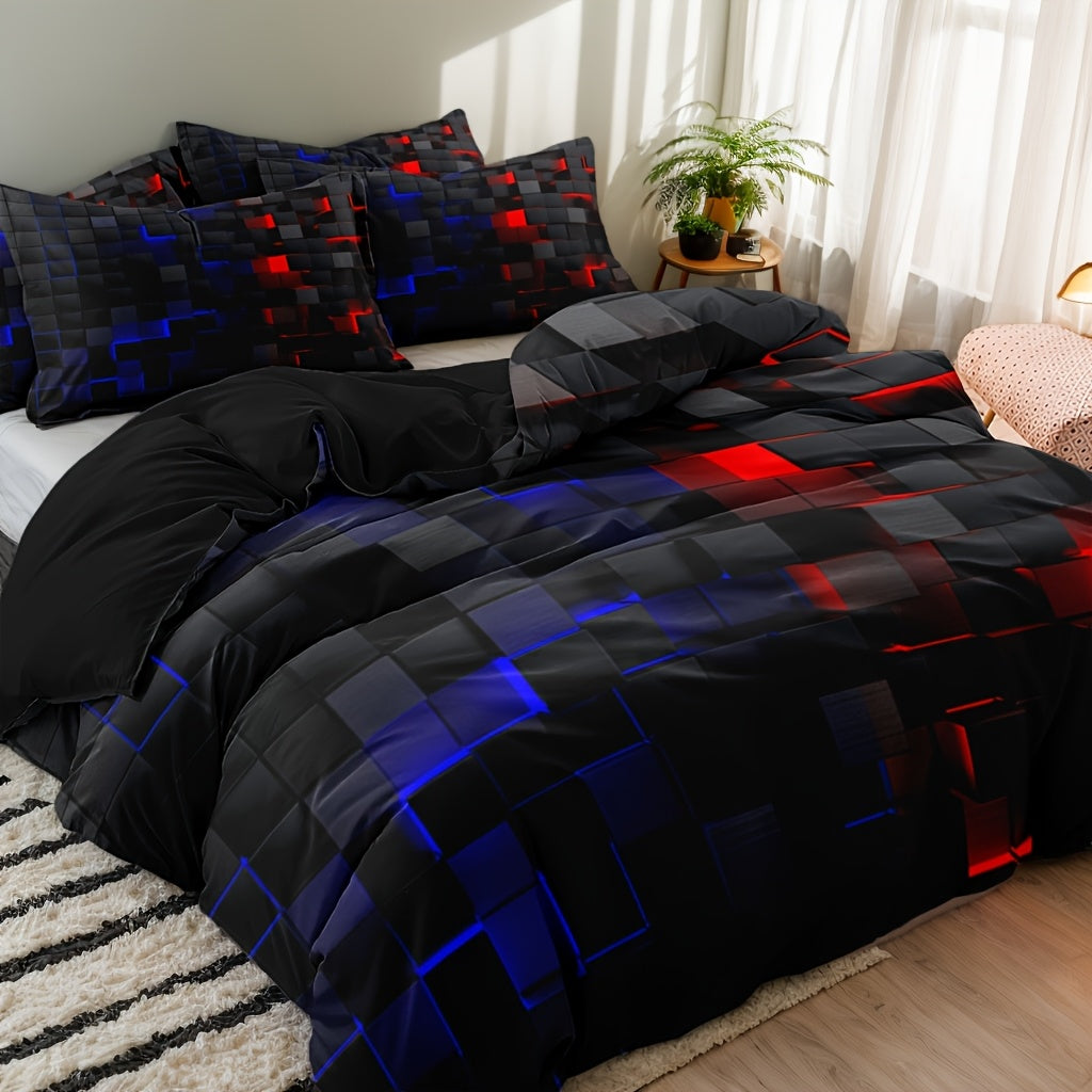 Duvet Cover Set Queen King Twin Full 3D Geometric Cube Print | 3-Piece Polyester Bedding Set | Black Blue Grid Pattern | All-Season Soft Quilt Cover + 2 Pillowcases | Machine Washable