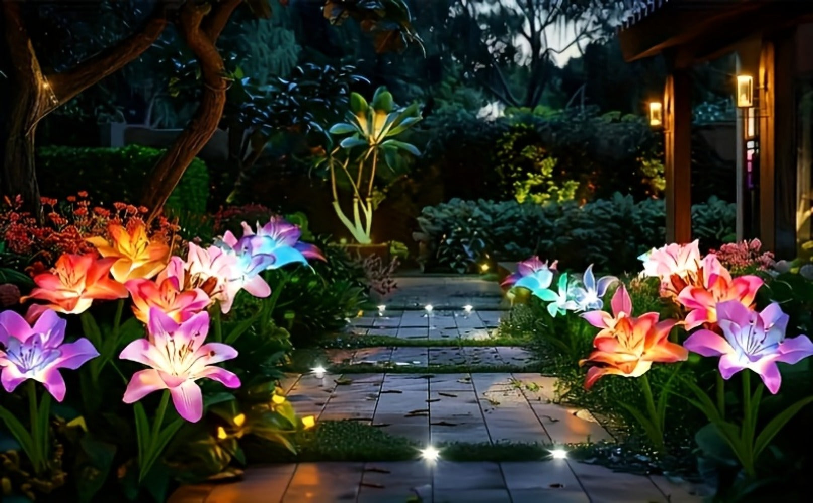 Solar Garden Lights Blooming Lily Flower | 7 Color Changing LED | Waterproof Outdoor Solar Stake Lights | Yard Patio Pathway Gravestone Decor | 2 4 12 Pack Solar Flower Lights