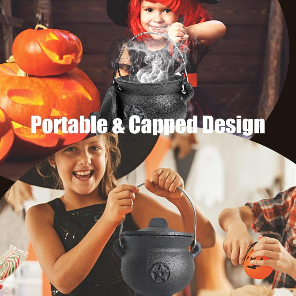 Cast Iron Cauldron with Lid & Handle ¨C Witchcraft Incense Burner, Spell Ritual Pot, Halloween Decor, Pentagram & Triple Moon Styles, Pagan Altar Cauldron