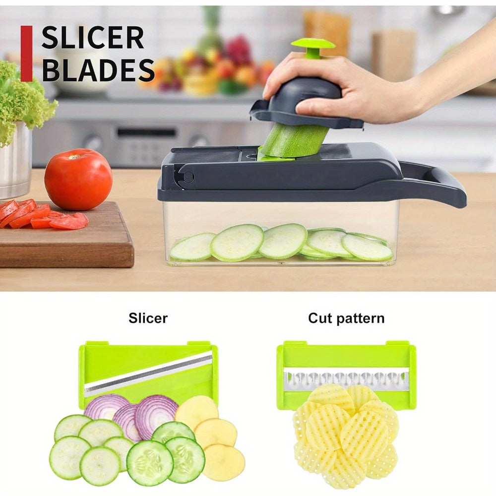 Vegetable Chopper 16-in-1 Manual Food Chopper Set ¨C 8 Interchangeable Blades with Container, Grater & Strainer ¨C Professional Onion Slicer & Dicer for Carrots, Garlic & Salad Kitchen Prep