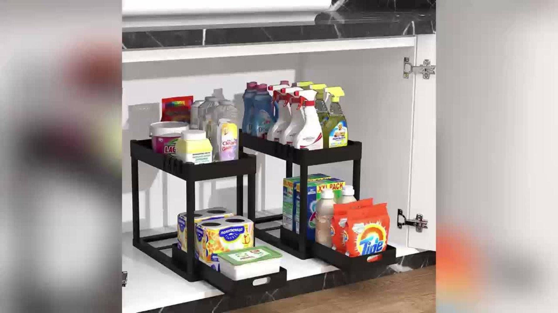 Under Sink Organizer Set of 2 ¨C Dual Tier Sliding Basket Drawers with 8 Hooks Kitchen Bathroom Cabinet Storage