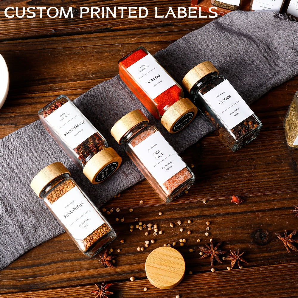 Glass Spice Jars 4oz with Bamboo Lids Labels and Collapsible Funnels Seasoning Storage Bottles for Spice Rack Cupboard Pantry Kitchen Organization 15 24 or 36pcs