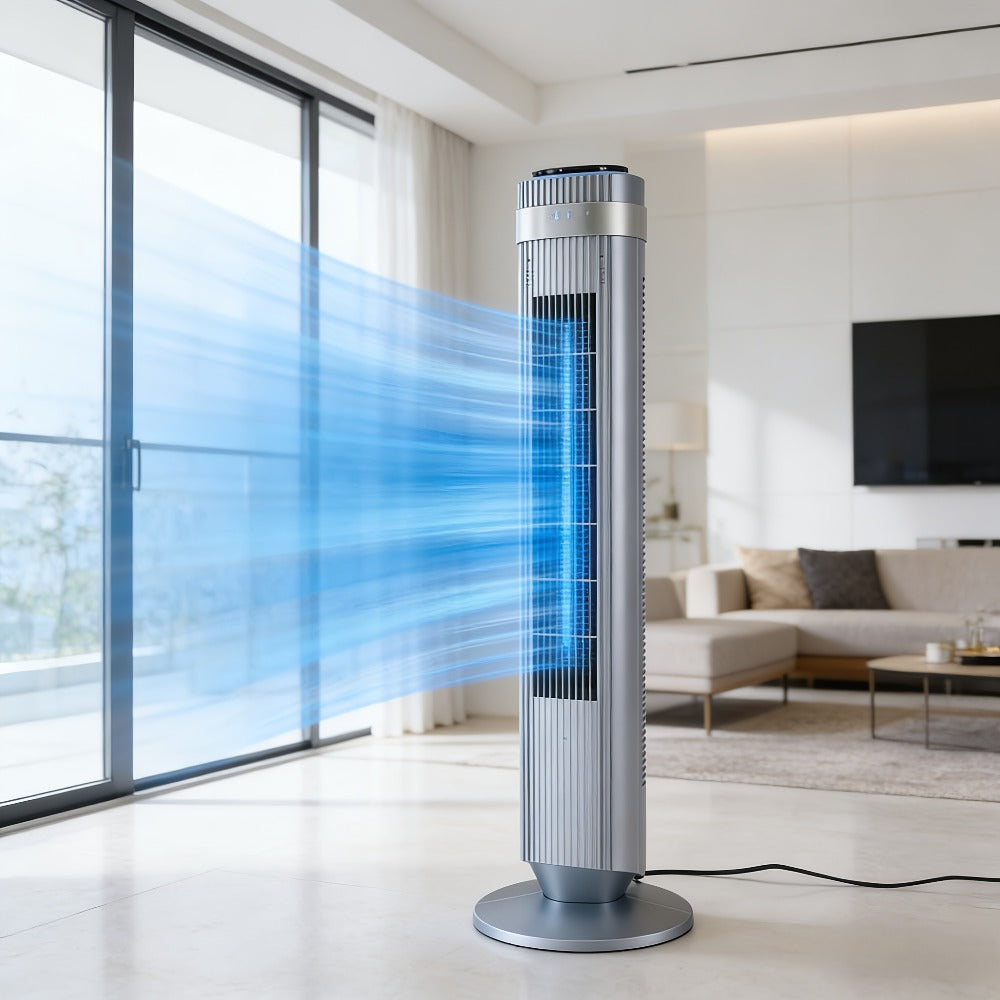 Bladeless Tower Fan with Remote Control, Silent Floor Fan with LED Display 4 Speed Settings & 12-Hour Timer, Quiet Tower Fan for Living Room Bedroom Office, Modern Air Circulator Fan Black White Grey