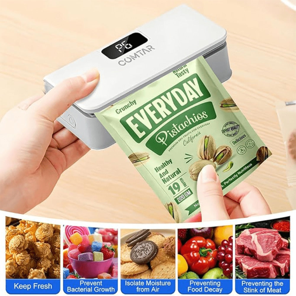 Portable Mini Bag Sealer USB Rechargeable ¨C Handheld Food Sealer with Built-In Cutter for Fruits, Vegetables, Snacks & Chips ¨C Compact Kitchen & Outdoor Picnic Sealing Tool, White & Blue