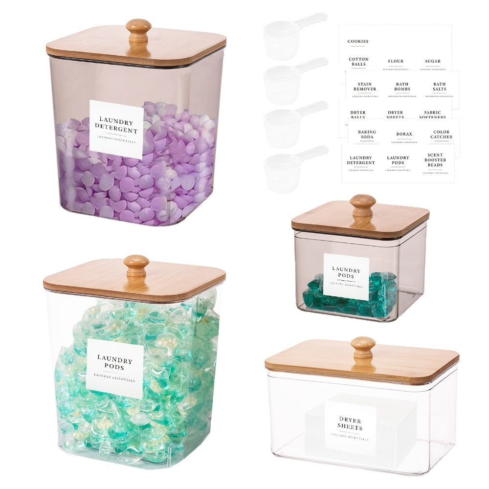 Laundry Pod Containers Set of 4 with Lids Scoops and Labels ¨C Laundry Room Organization Storage Canisters for Pods Detergent Dryer Balls Scent Beads Mixed Color