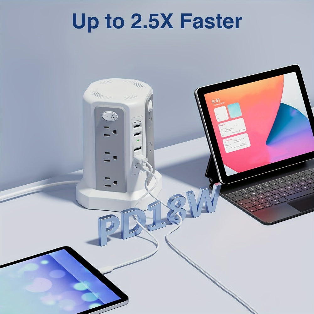 Power Strip Tower Surge Protector 16 AC Outlets 5 USB Ports PD20W USB-C Fast Charging Flat Plug Extension Cord 1500J Overload Protection Desktop Charging Station for Home Office Dorm
