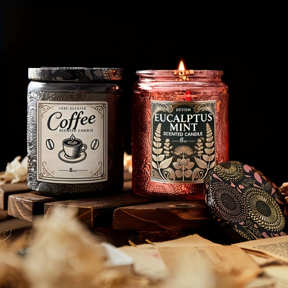 Scented Soy Wax Candle 8oz ¨C Luxury Glass Bottle with Ribbon, Single-Wick Oval Jar, 12+ Hour Burn, Rose Sandalwood, Eucalyptus Mint & Coffee Bliss Fragrances, Perfect Gift for Her, Valentine's Day & Home Decor