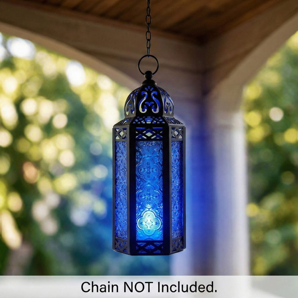 Moroccan Candle Lantern Holder - Decorative Metal & Glass Lantern with Embossed Floral Design for Indoor Home Decor, Garden, Patio, Weddings, Ramadan, Halloween & Holiday Celebrations - 10.5¡± Tall Medium Size