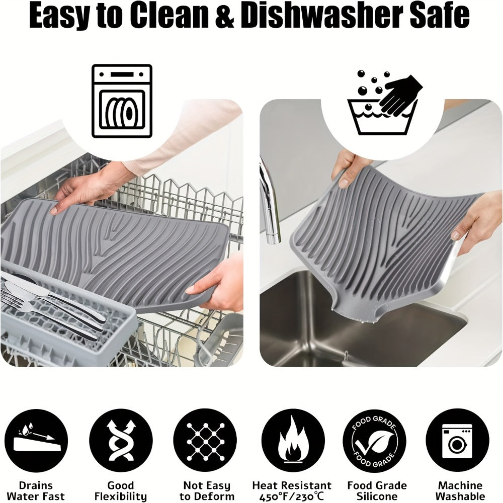 Silicone Dish Drying Mat Large 34.5x19in Slope Drain Design Kitchen Counter Drying Pad for Dishes Utensils & Countertop ¨C Heat Resistant Non-Slip Draining Mat
