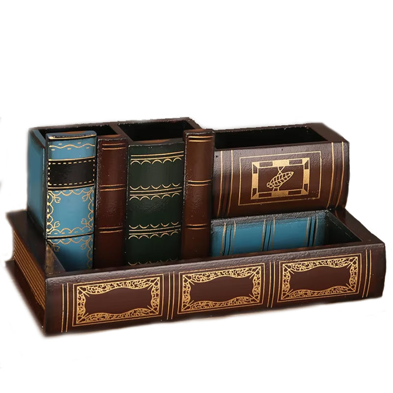 Wooden Pen Holder with Drawer Book-Shaped Desk Organizer, Vintage Retro Wood Desktop Storage Box with Hidden Drawer for Pens Pencils Remote Control, Decorative Office Home Study Room Gift