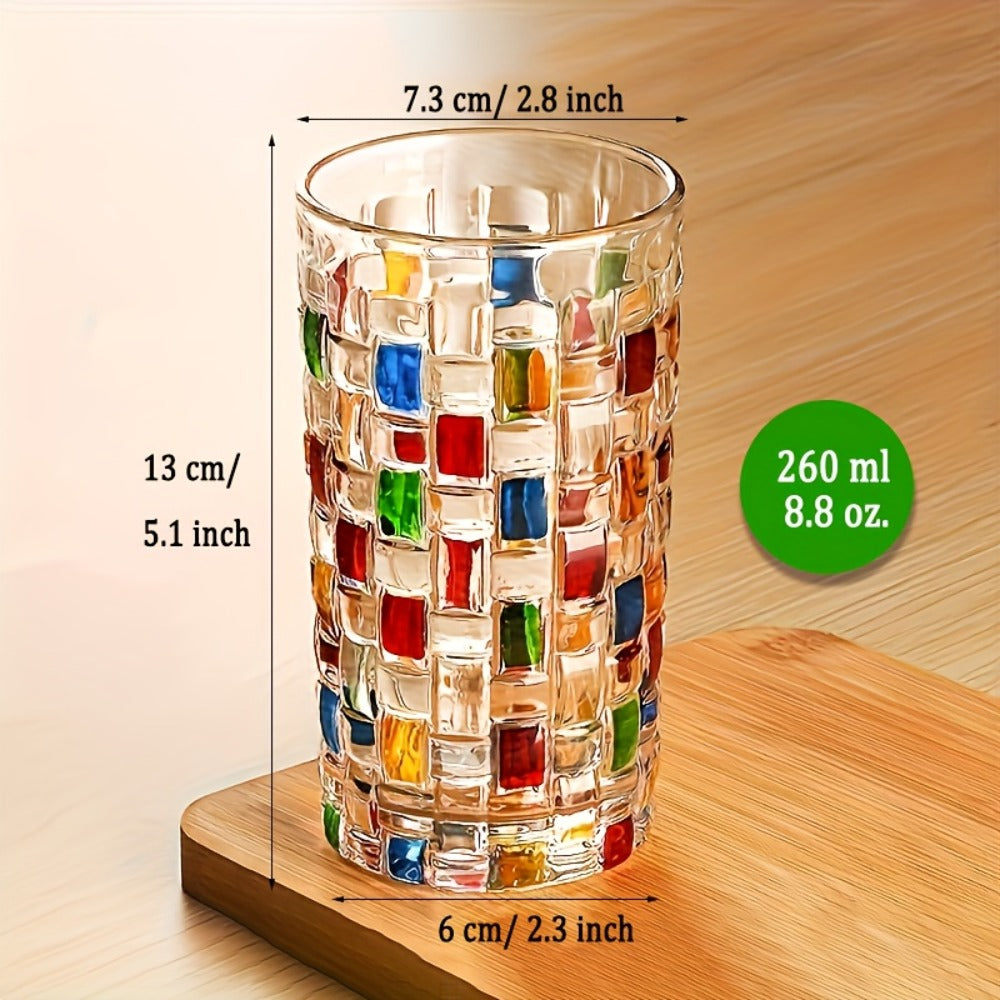 Hand-Painted Drinking Glasses Set ¨C Colorful Square Lattice Woven Handcrafted Glass for Water, Juice, Whiskey & Beer ¨C Artistic Decorative Glassware for Home Bar & Entertaining ¨C 2pc or 4pc