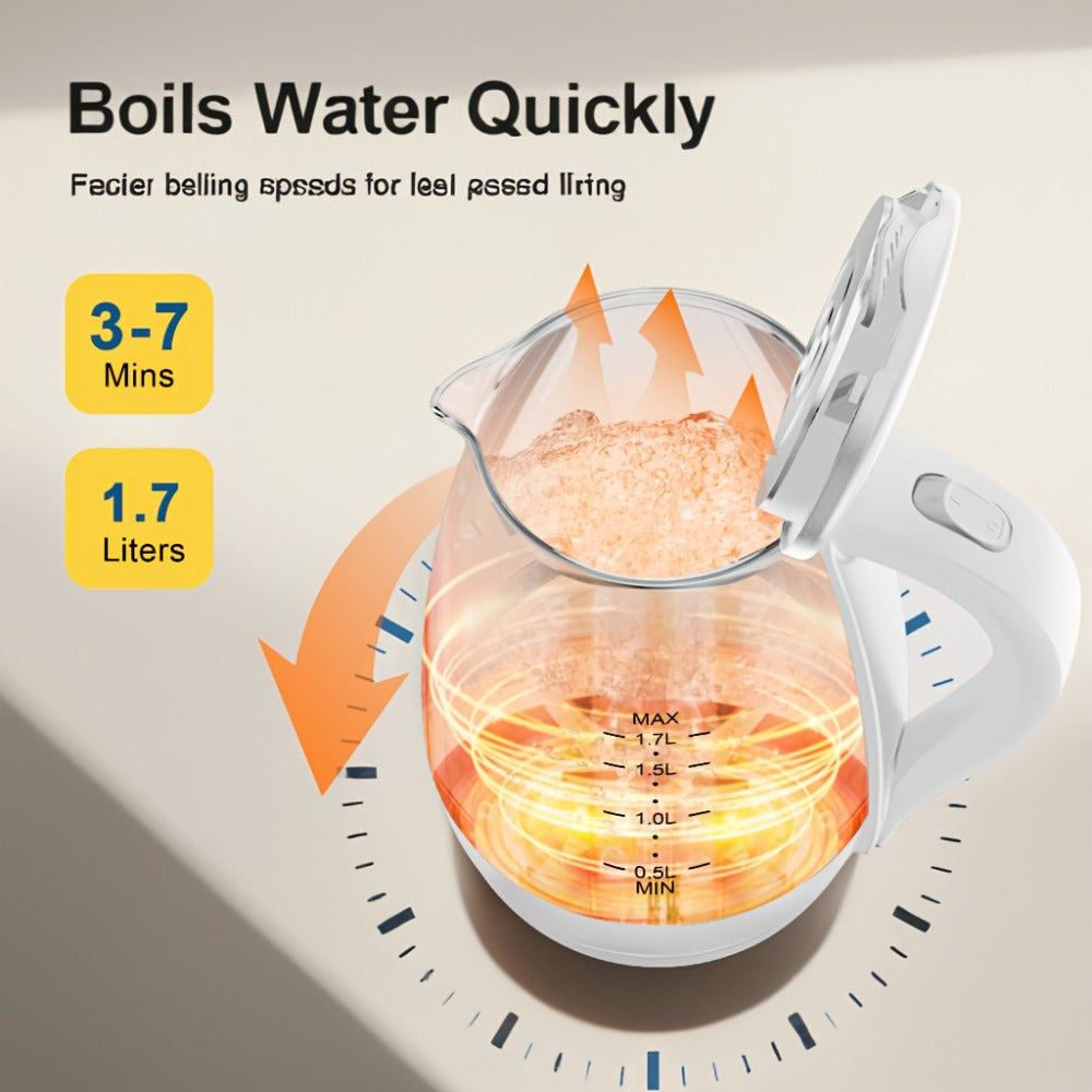 Glass Electric Kettle 1200W Fast Boiling ¨C 57.48oz Tea Kettle with LED Indicator, Auto Shut-Off & Boil-Dry Protection, Elegant Transparent Design for Kitchen, Office & Camping