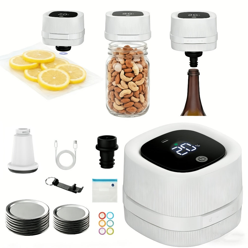 Electric Jar Vacuum Sealer 3-in-1 Food Storage Vacuum Sealer Machine with 14 Sealing Lids Wine Plug Vacuum Bag Bottle Opener ¨C One-Button Operation Leak-Proof Seal for Regular & Wide Mouth Mason Jars