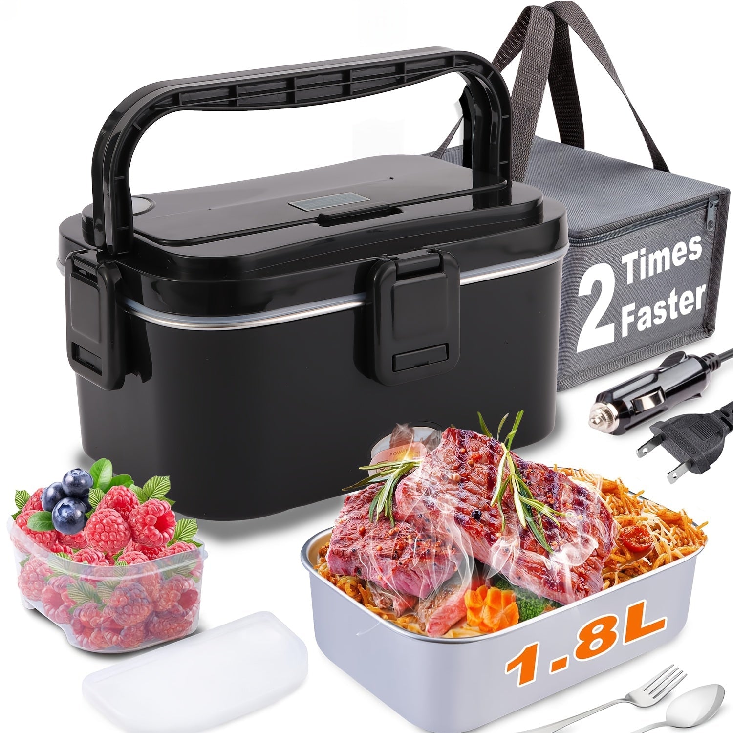 Electric Lunch Box Portable Food Warmer 60oz ¨C 110V Home & 12V/24V Car Heated Meal Container, Stainless Steel, Leak-Proof with Insulated Bag & Fork for Office, Truck, Travel & Camping