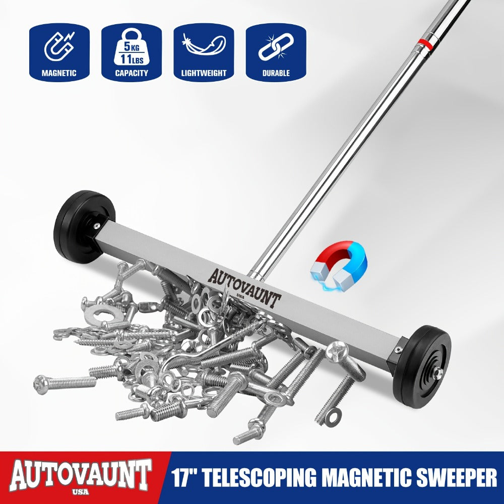 Rolling Magnetic Sweeper 17-Inch with Wheels ¨C Heavy Duty 8.8lb Capacity Telescoping Adjustable Handle 15¨C38 Inch Picks Up Screws Nails Nuts for Garage Workshop Construction