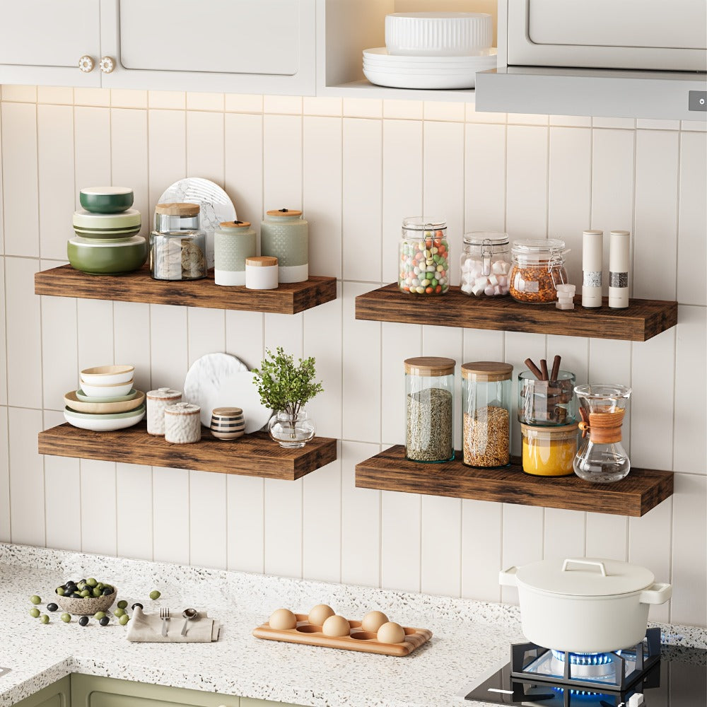 Floating Shelves for Wall 4/8pcs 15.8 Inch, Rustic Wood Wall Shelves with Invisible Brackets, Wall Mounted Display Shelf for Home Decor, Living Room, Bedroom, Bathroom ¨C Walnut, Brown, Black, White, Gray