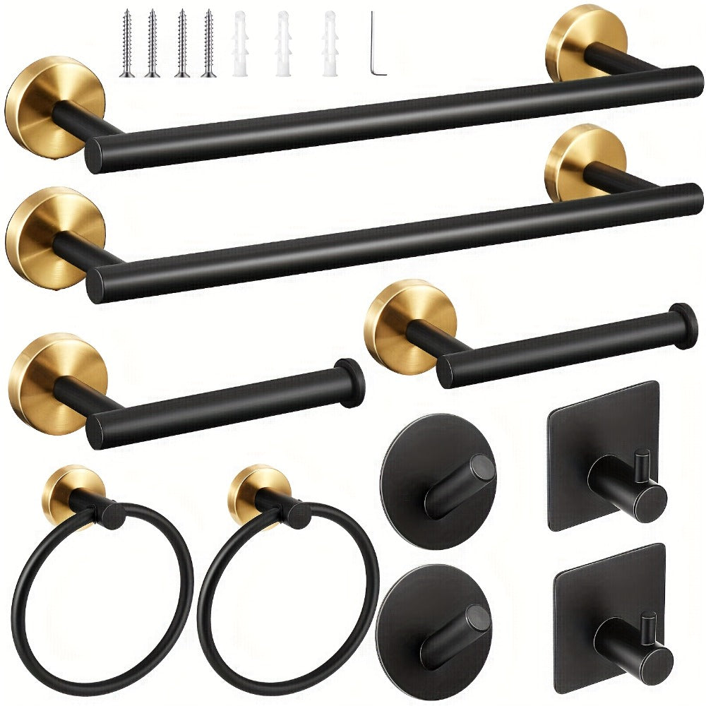 10-Piece Bathroom Hardware Set SUS304 Stainless Steel Wall Mounted Towel Bar Toilet Paper Holder Robe Hooks Gold Black